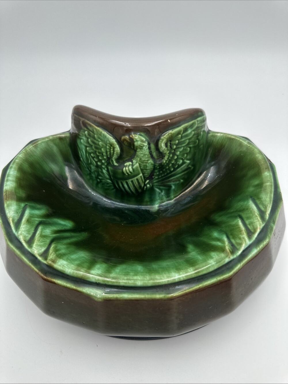 Vintage Green Brown Glaze Ceramic Pottery Art MCM Eagle Ashtray